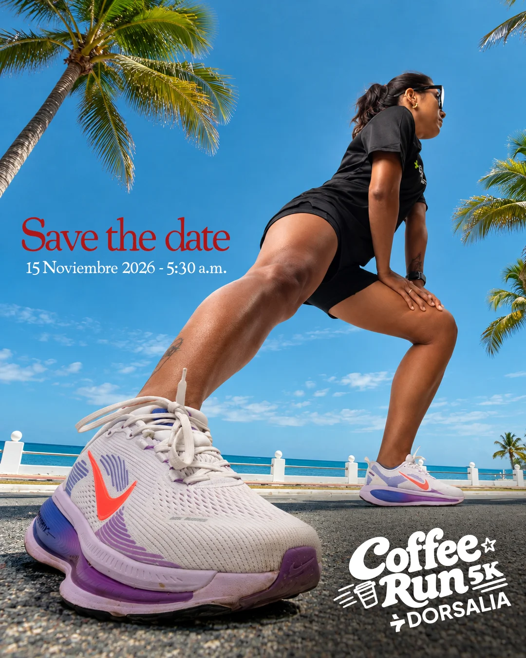 Corredora en el malecón de Campeche con tenis de running y logo de Coffee Run